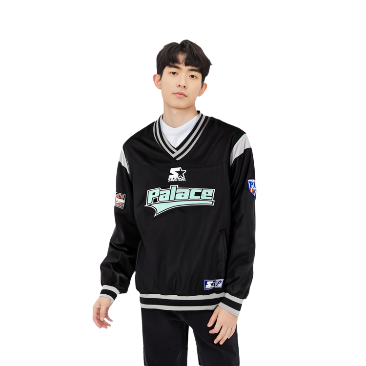 Lookbook パレス スターター ウォームアップ Vネック ロゴプリント ブラック スウェットシャツ P22STAJK003