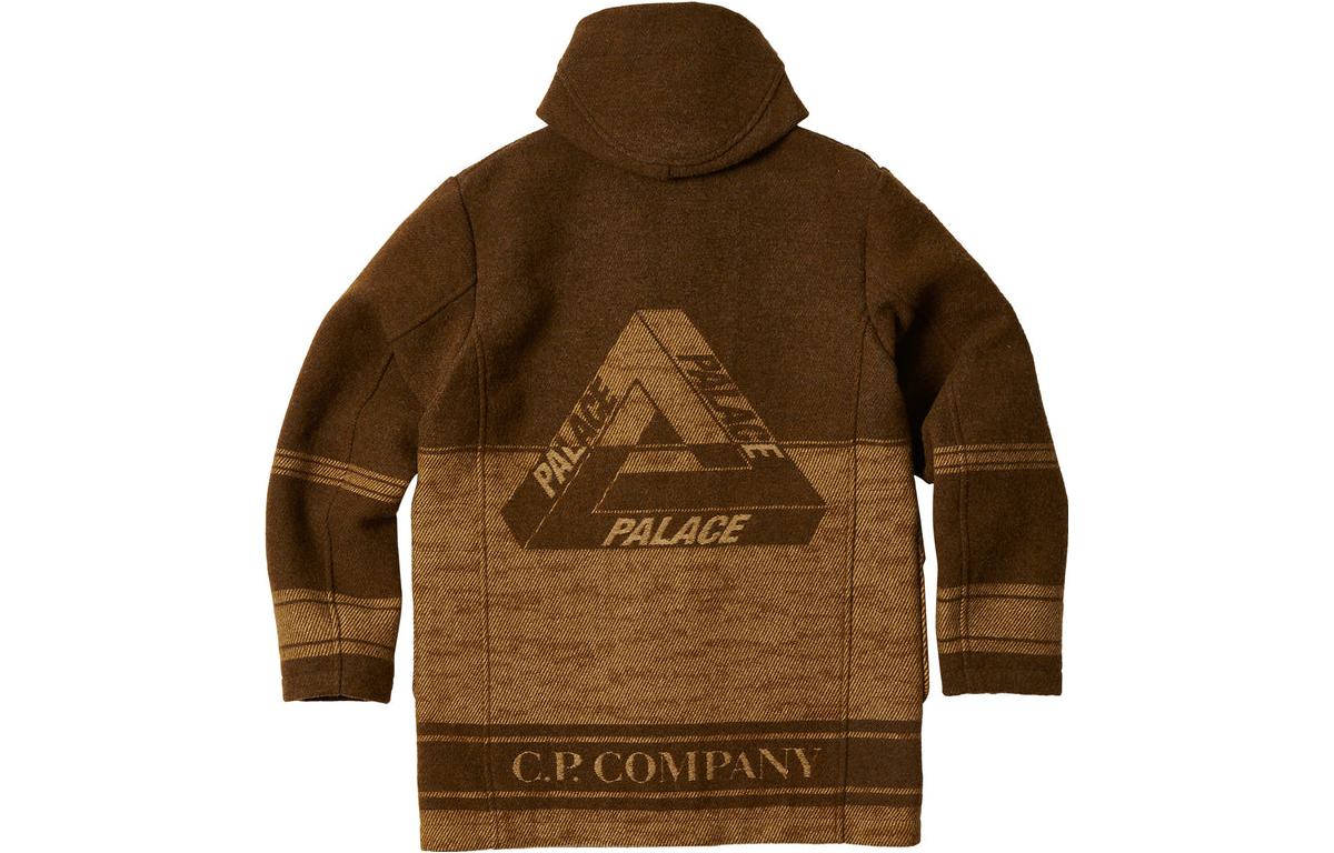 Shop PALACE x C.P. Company 联名FW22棕色条纹羊毛束扣大衣男女同款夹克外套 P23CPJK001