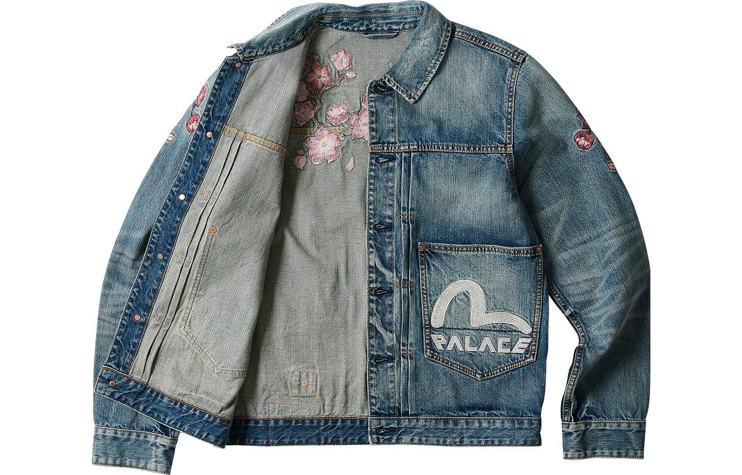 Shop PALACE x EVISU 3.0 SS23 Jaket Denim Sulaman Sakura Unisex Biru. P24EVJK001
