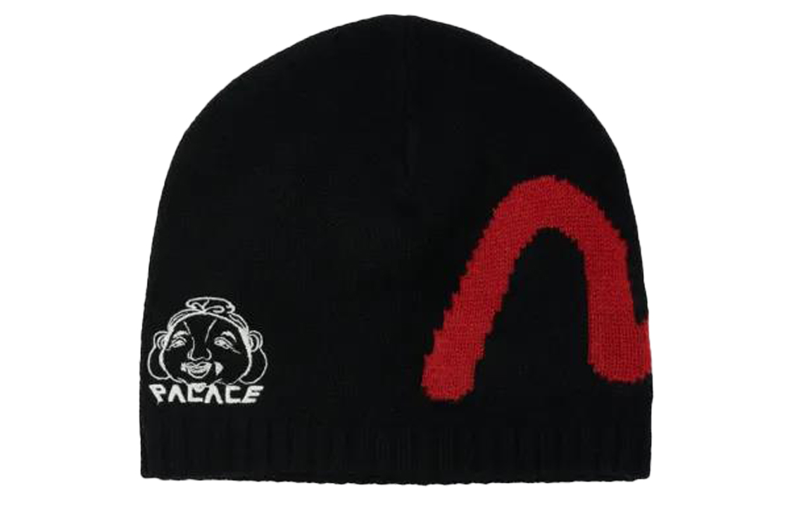 PALACE EVISU Black Knit Beanie with Classic Logo Pattern P21EVBN001