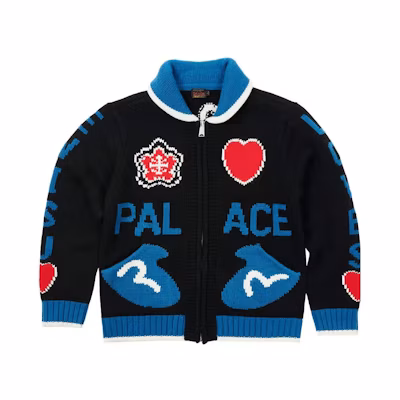 PALACE EVISU Cowichan Knit Black Logo Heart Pattern Jacket Unisex Black. P24EVKW001