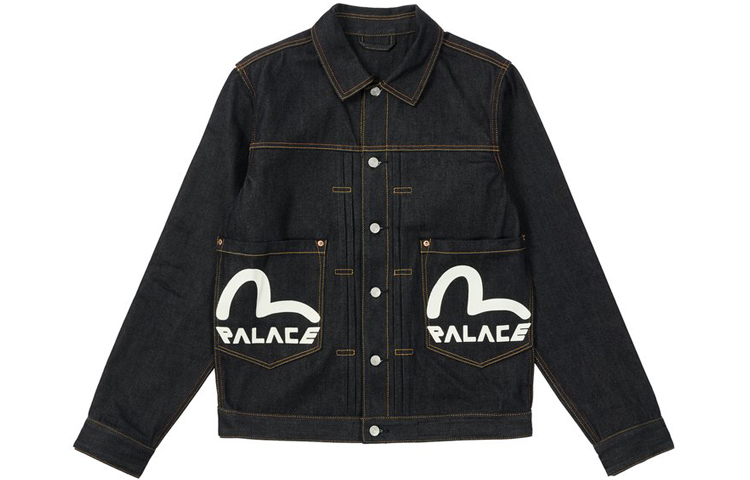 Order PALACE x EVISU FW21 Jaket Denim Seagull Indigo Raw Logo Hitam Unisex. P21EVD001