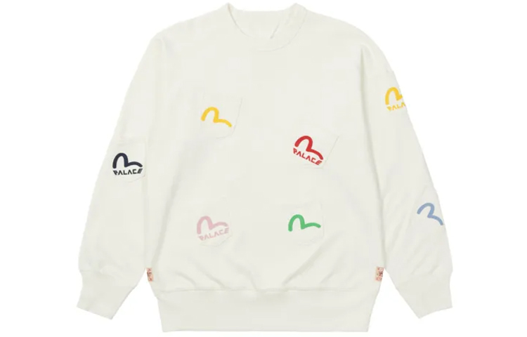 PALACE EVISU FW21 White Multi-Pocket Crewneck Logo Sweatshirt Unisex. P21EVCW002