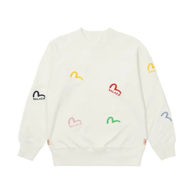 PALACE EVISU FW21 White Multi-Pocket Crewneck Logo Sweatshirt Unisex. P21EVCW002