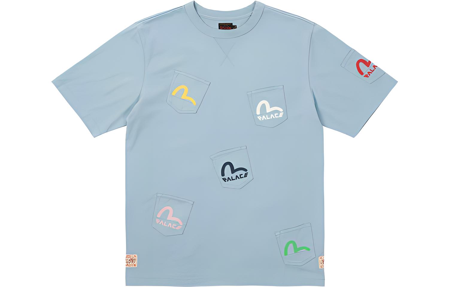 PALACE EVISU Multi Pocket T-Shirt Dusty Blue Unisex Logo Print Tee Blue. P21EVTS003