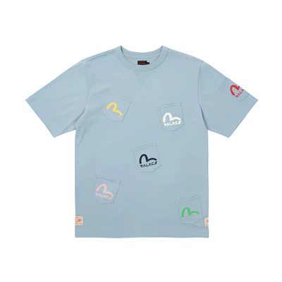 PALACE EVISU Multi Pocket T-Shirt Dusty Blue Unisex Logo Print Tee Blue. P21EVTS003