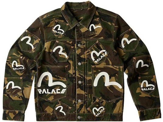 PALACE x EVISU Type One Camo Logo Denim Jacket SS23 Unisex Army Green. P24EVJK002 Buy PALACE x EVISU Type One Camo Logo Denim Jacket SS23 Unisex Army Green. P24EVJK002