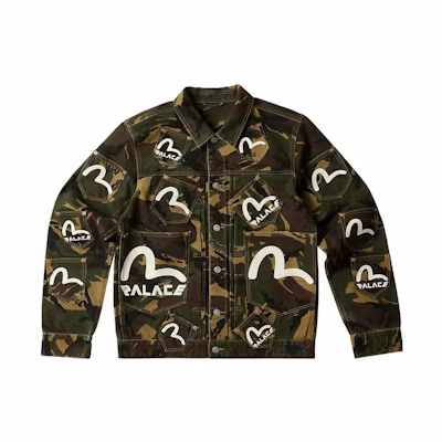 PALACE EVISU Type One Camo Logo Denim Jacket SS23 Unisex Army Green. P24EVJK002
