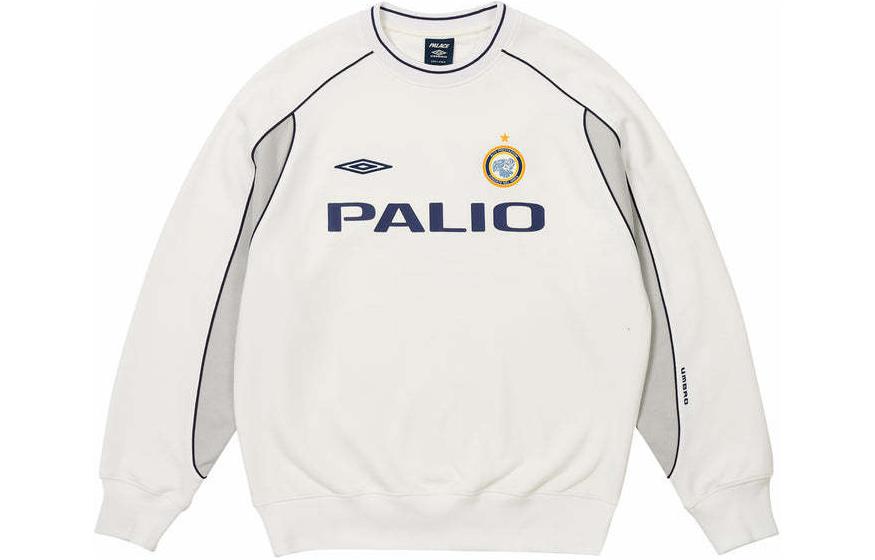 Lookbook PALACE x 엄브로 SS24 웜업 크루 컬러블록 로고 스웨트셔츠 화이트 유니섹스. P26UMCS131