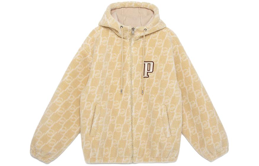 PALLADIUM Lamb Wool Hoodie Jacket Brown White Monogram Design 177406-202