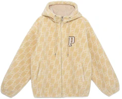 PALLADIUM Lamb Wool Hoodie Jacket Brown White Monogram Design 177406-202 PALLADIUM Lamb Wool Hoodie Jacket Brown White Monogram Design 177406-202