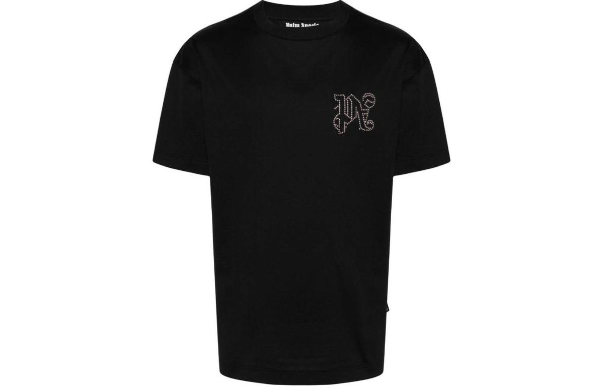 Order PALM ANGELS  Black Crewneck Short Sleeve T-Shirt Solid Color PMAA001R24JER0051077