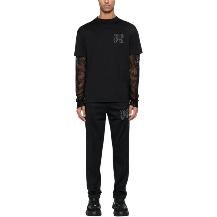 Lookbook PALM ANGELS  Black Crewneck Short Sleeve T-Shirt Solid Color PMAA001R24JER0051077