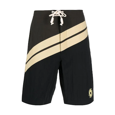 PALM ANGELS Black Diagonal Stripe Print Swim Shorts. PMFD003S23FAB0018403