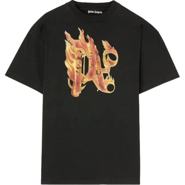 Buy Palm Angels  Black Flame Logo Print Crew Neck Short Sleeve T-Shirt PMAA072R24JER0011076