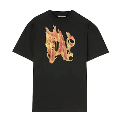 Palm Angels Black Flame Logo Print Crew Neck Short Sleeve T-Shirt PMAA072R24JER0011076