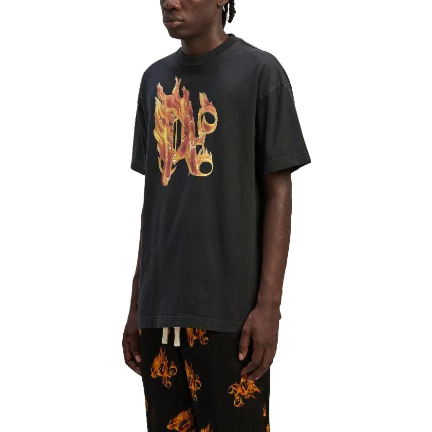 Shop Palm Angels  Black Flame Logo Print Crew Neck Short Sleeve T-Shirt PMAA072R24JER0011076