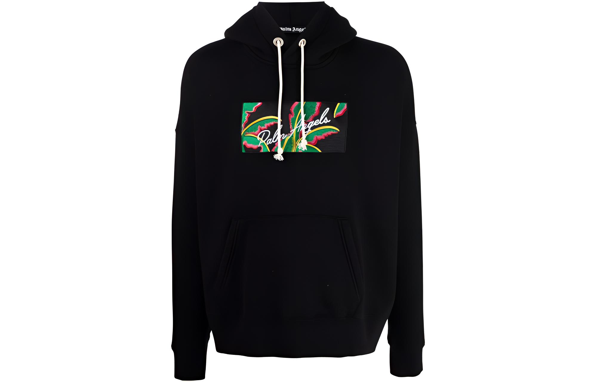 PALM ANGELS  Black Hoodie with Botanical Letter Graphic. PMBB058S21FLE0041001
