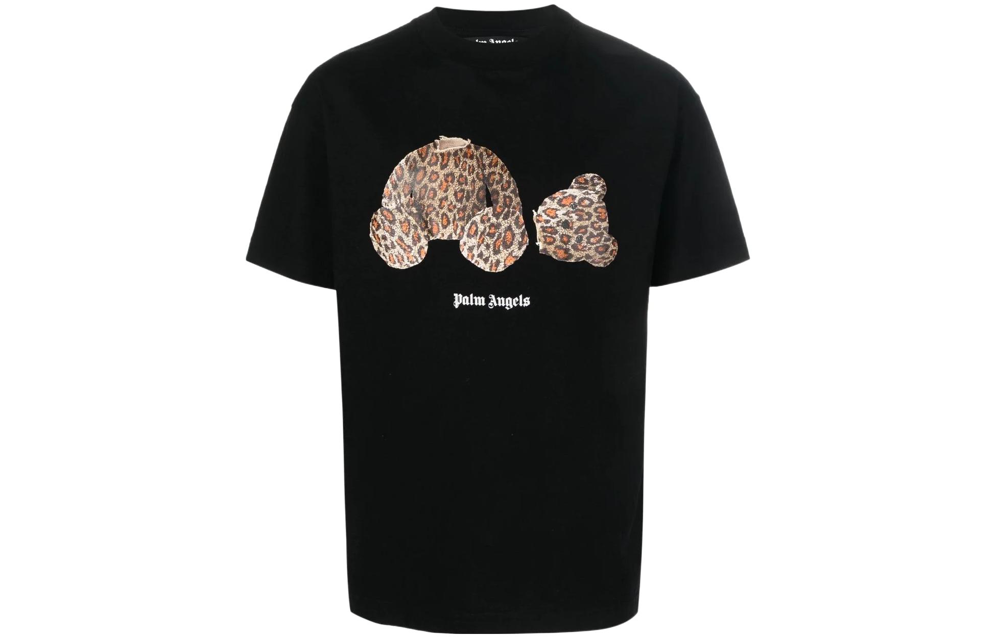 Palm Angels  Black Leopard Bear Print Crewneck T-Shirt PMAA001S22JER0181060