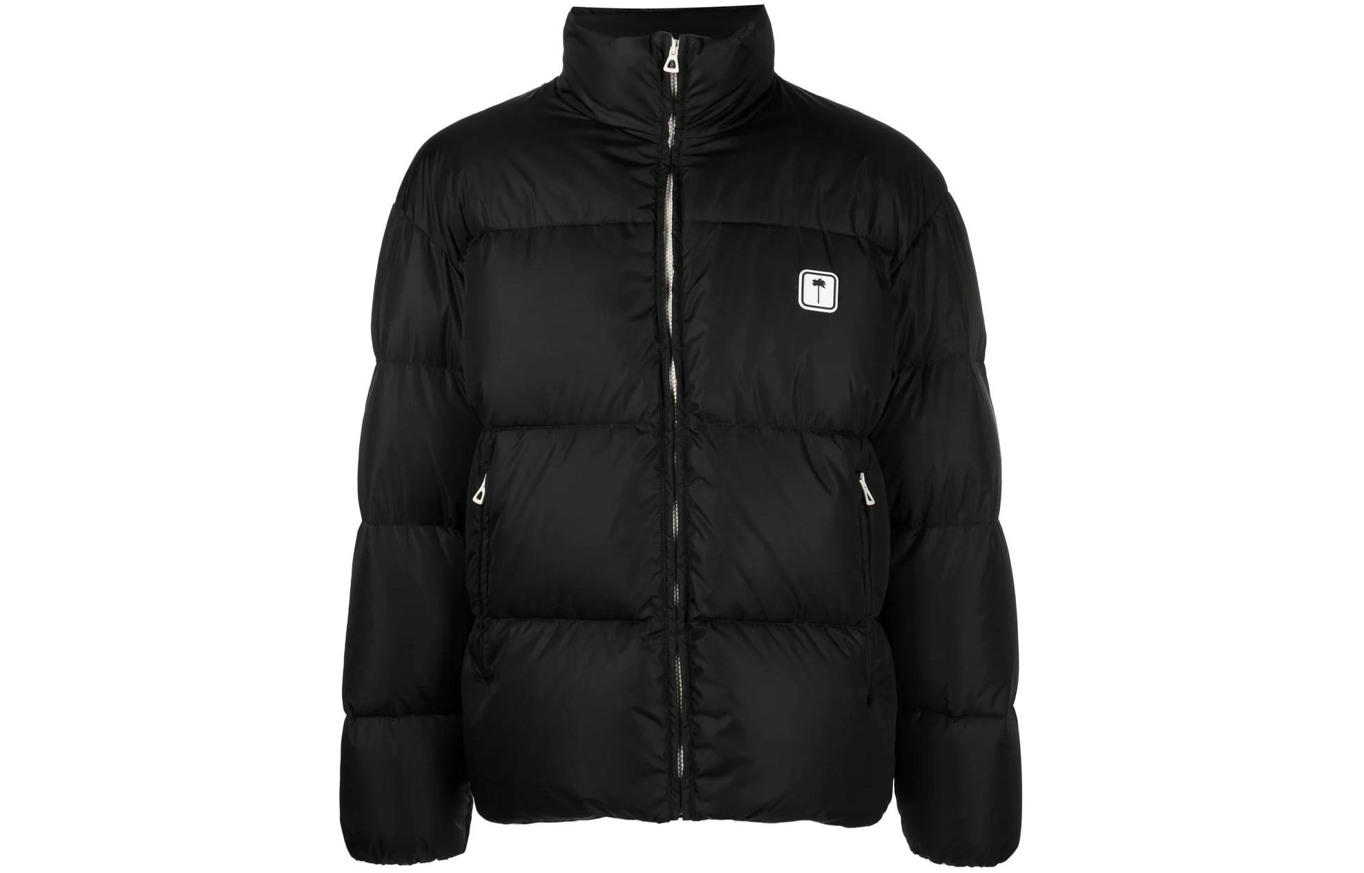 PALM ANGELS  Black Logo Print High-Neck Zip Puffer Jacket. PMED019F22FAB0021001