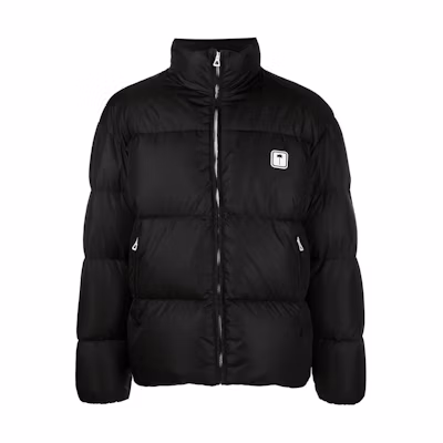 PALM ANGELS Black Logo Print High-Neck Zip Puffer Jacket. PMED019F22FAB0021001