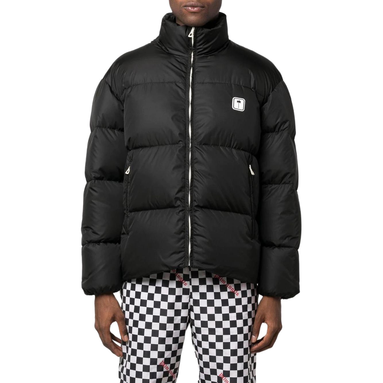 Lookbook PALM ANGELS  Black Logo Print High-Neck Zip Puffer Jacket. PMED019F22FAB0021001