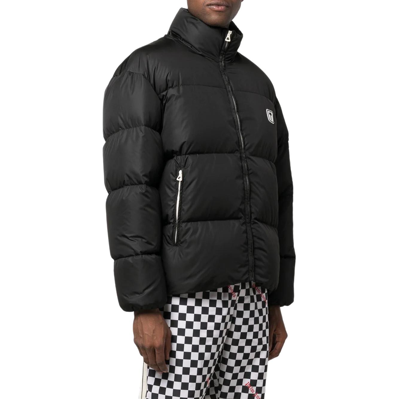 Shop PALM ANGELS  Black Logo Print High-Neck Zip Puffer Jacket. PMED019F22FAB0021001