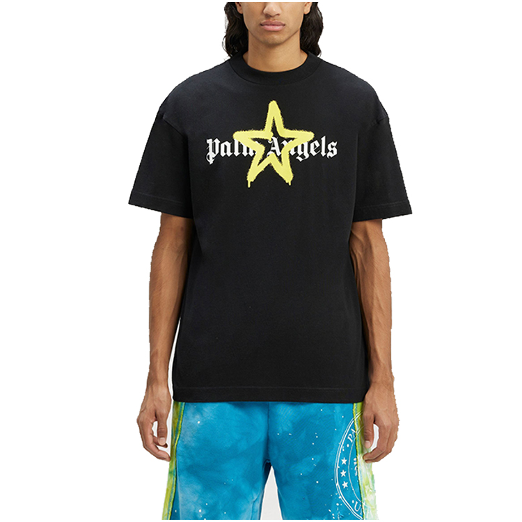 Lookbook 팜 엔젤스 블랙 스타 스프레이 페인트 프린트 크루넥 티셔츠. PMAA001C99JER0241018