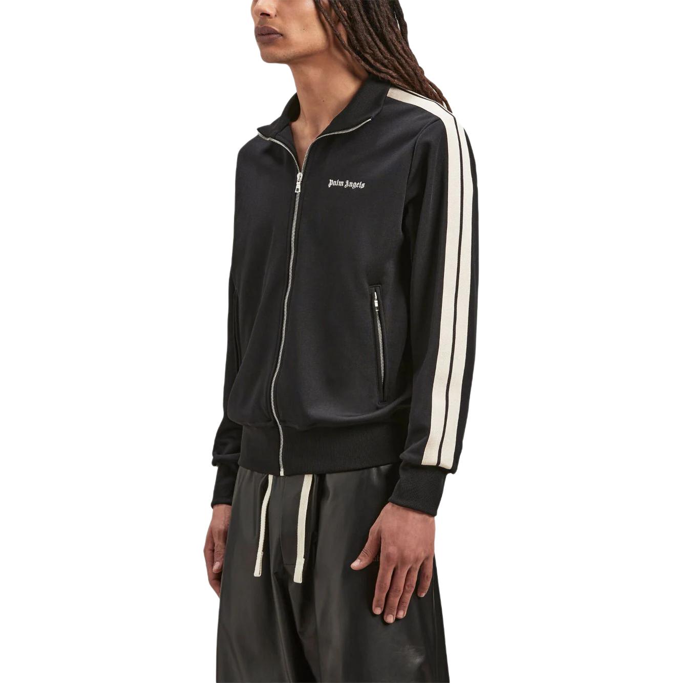 Details for Chaqueta Negra Palm Angels de Pista con Cremallera y Cuello Alto a Rayas. PMBD058S24FAB0011003