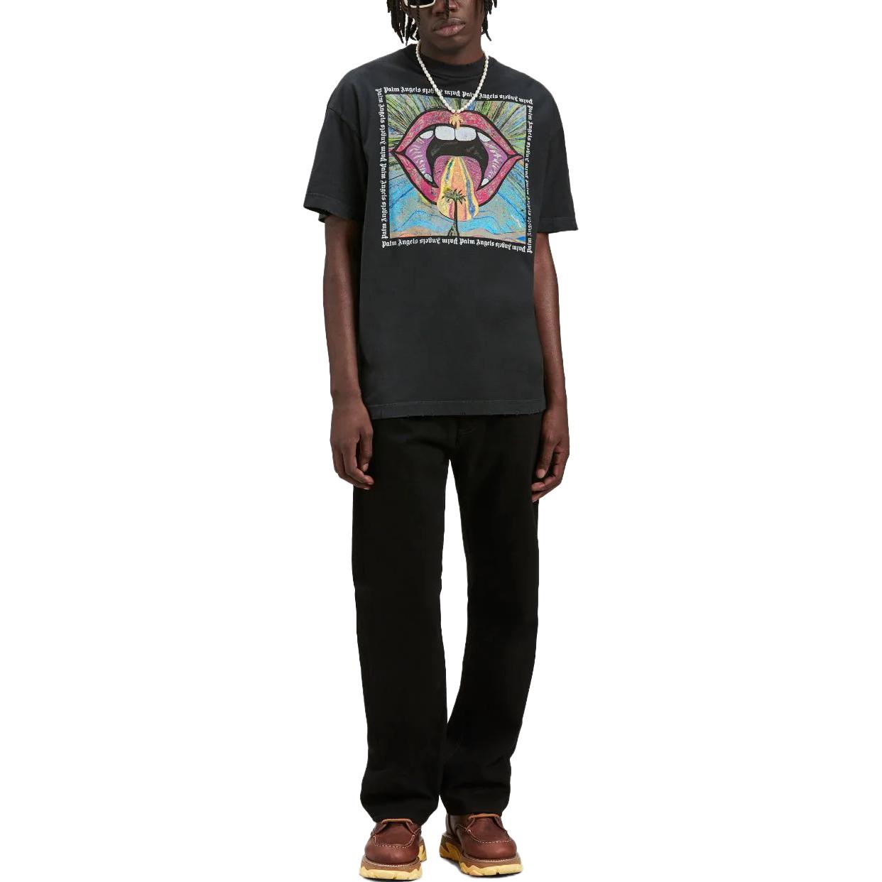 Lookbook Palm Angels Camiseta Ajustada Gris de Patrón Geométrico Crewneck. PMAA072F23JER0041084