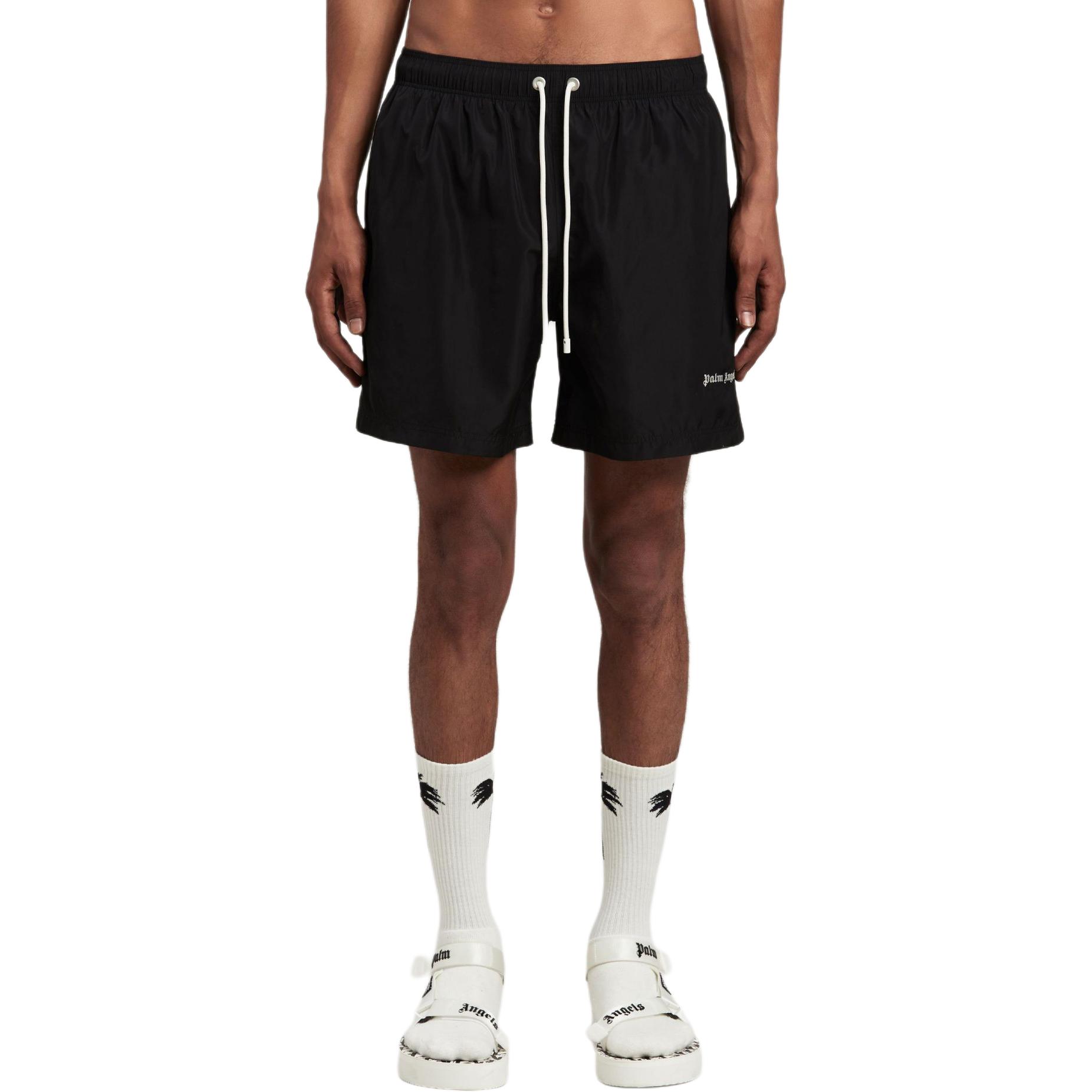 Lookbook 棕榈天使字母印花黑色泳裤，弹性腰带带口袋 PMFD002S24FAB0011003