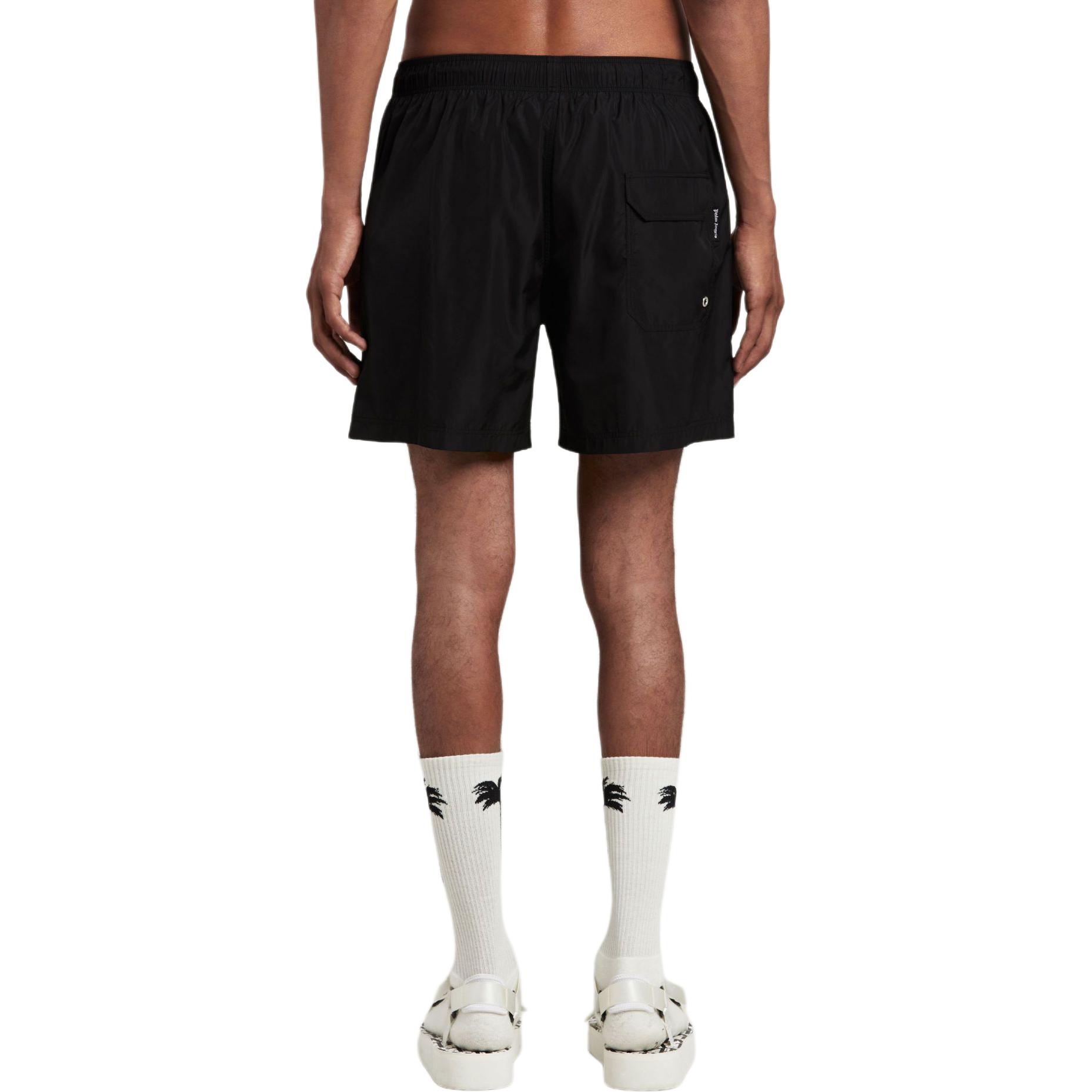 Shop 棕榈天使字母印花黑色泳裤，弹性腰带带口袋 PMFD002S24FAB0011003