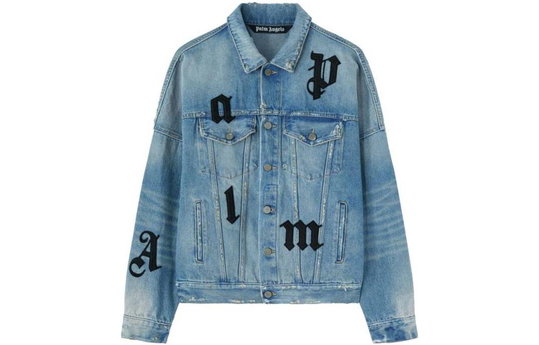 Palm Angels  Light Blue Denim Jacket with Logo Patch and Button-Up Design. PMYE006F23DEN0014010