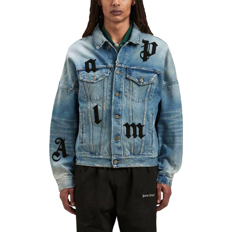 Lookbook Chaqueta vaquera azul claro Palm Angels con parche de logo y diseño abotonado. PMYE006F23DEN0014010