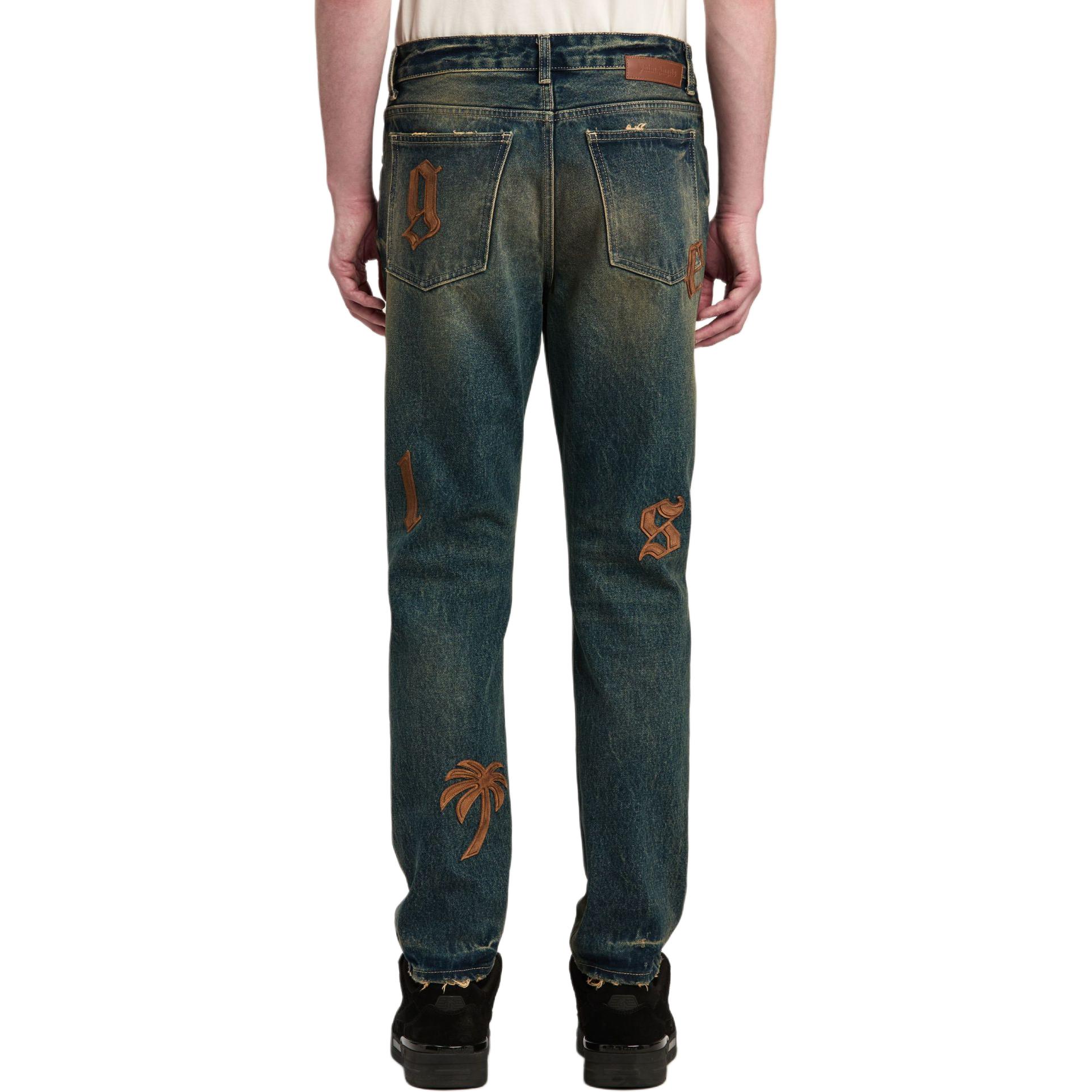 Shop PALM ANGELS  Loose Fit Logo Patch Pocket Jeans Blue PMYA040F24DEN0014564