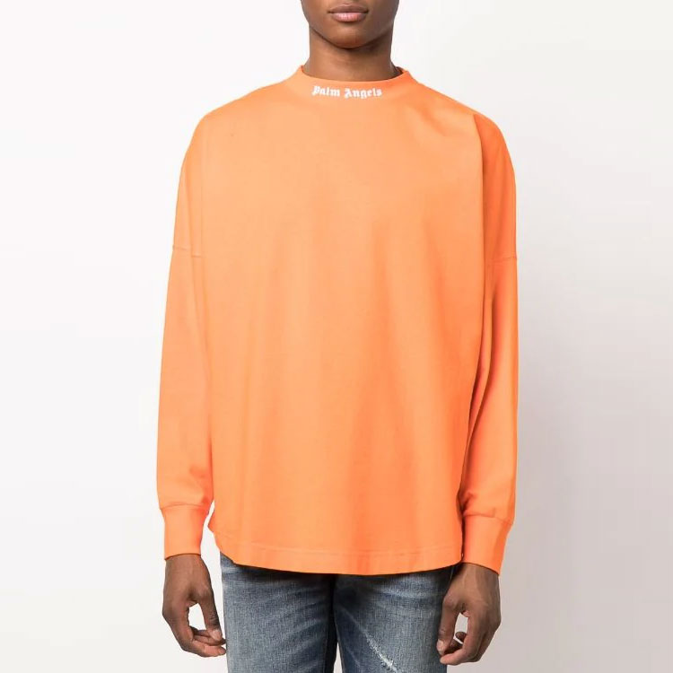 Lookbook 팜엔젤스 오렌지 레터 프린트 긴팔 크루넥 티셔츠. PMAB001S22JER0032001