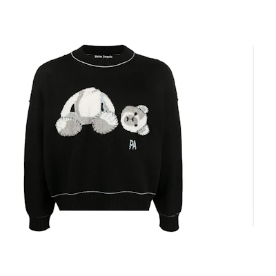 PALM ANGELS Bear Cartoon Fringe Wool Sweater Black () PMHE007E20KNI0011001