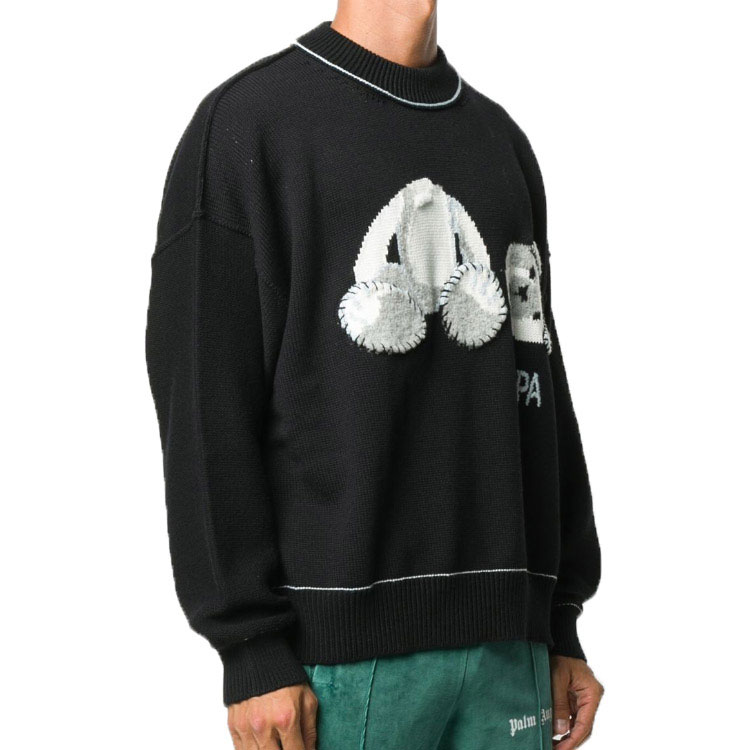 Shop PALM ANGELS Bear Kartun Fringe Sweater Wool Hitam PMHE007E20KNI0011001