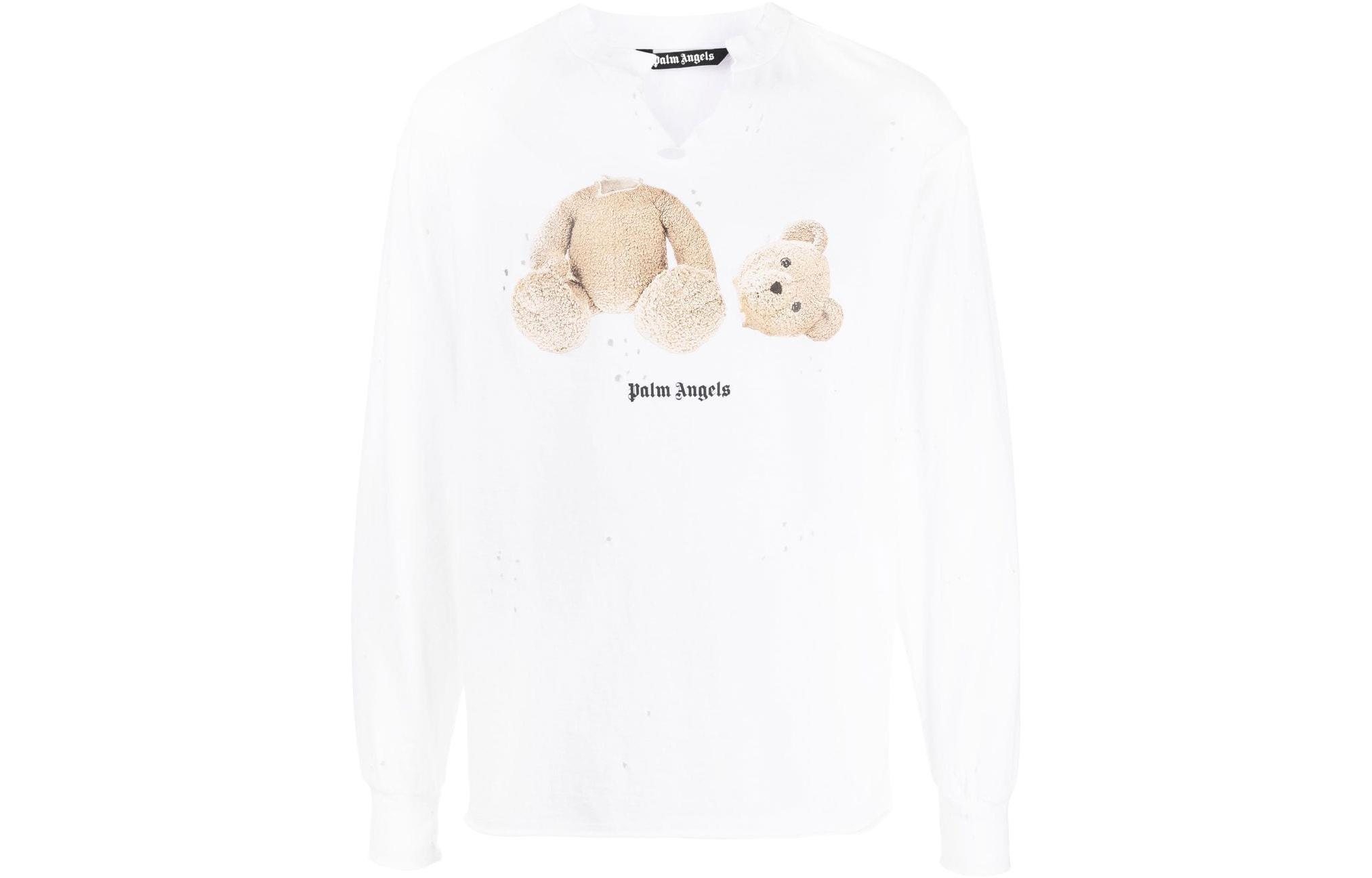 Palm Angels Bear Graphic Distressed Long Sleeve Sweatshirt White PMAB040S23JER0010160