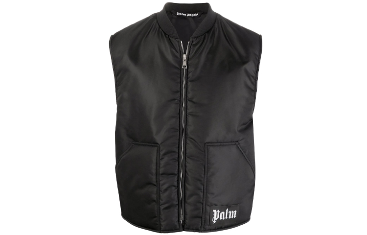 Palm Angels Black Puffer Vest with Zipper and Print Design. PMEA062F21FAB0011001