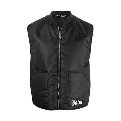 Palm Angels Black Puffer Vest with Zipper and Print Design. PMEA062F21FAB0011001