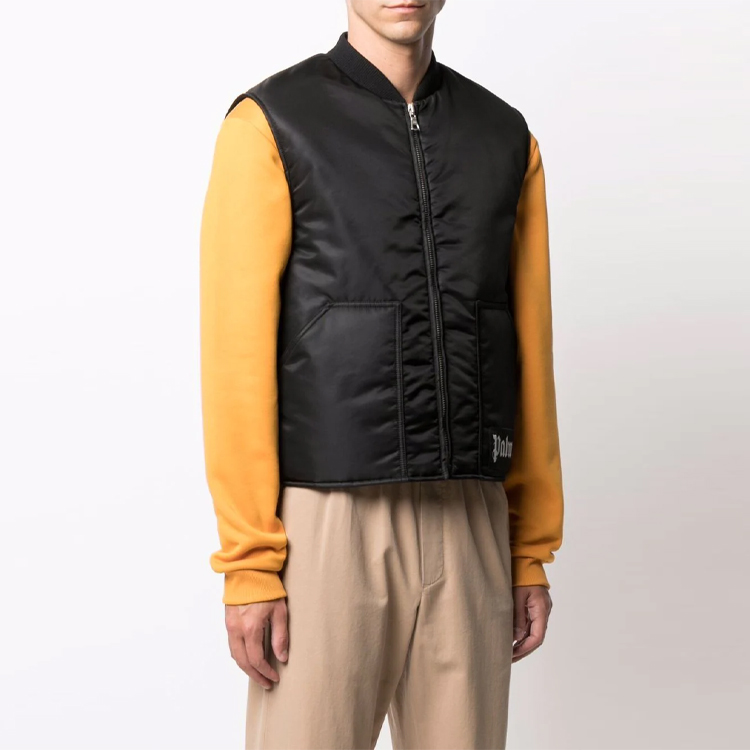 Shop 팜엔젤스 블랙 패딩 조끼 지퍼 및 프린트 디자인. PMEA062F21FAB0011001