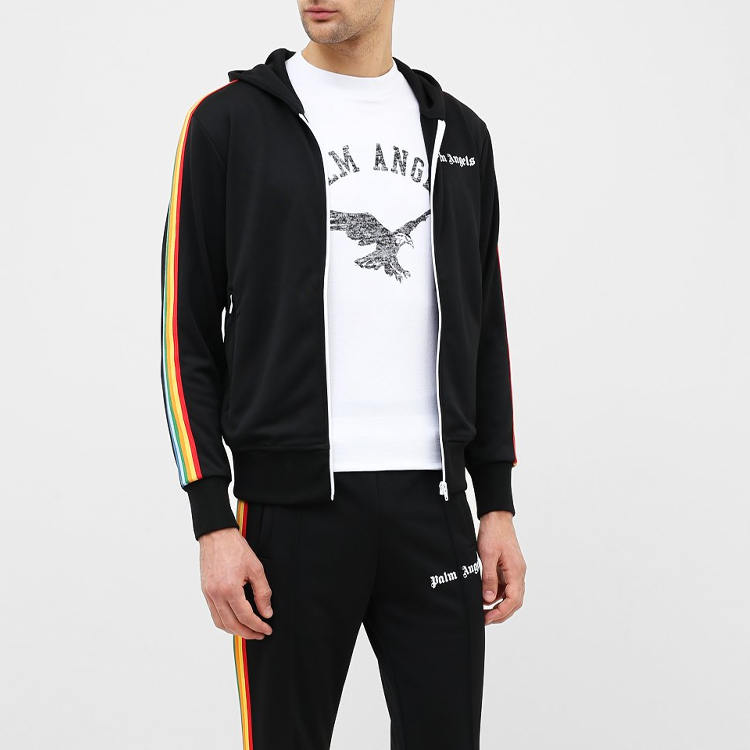 Shop パームエンジェルス ブラック レインボーストライプ プリント フーディージャケット PMBD025E20FAB0041084