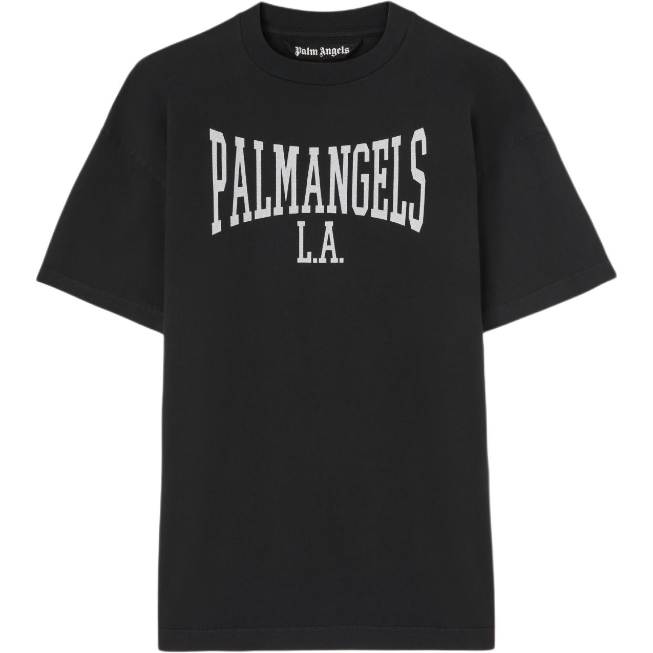 Palm Angels Black Short Sleeve T-Shirt  with Collegiate Graphic Print PMAA001F24JER0051003