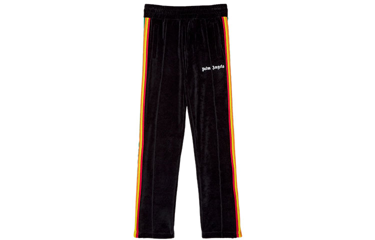 Palm Angels Black Velvet Sweatpants with Logo and Rainbow Stripes. PMCA007F21FAB0101001