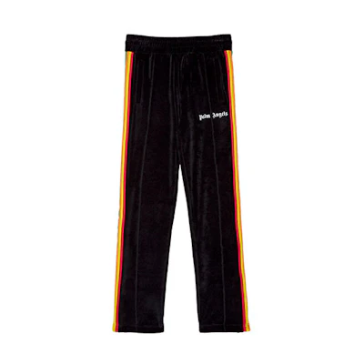 Palm Angels Black Velvet Sweatpants with Logo and Rainbow Stripes. PMCA007F21FAB0101001