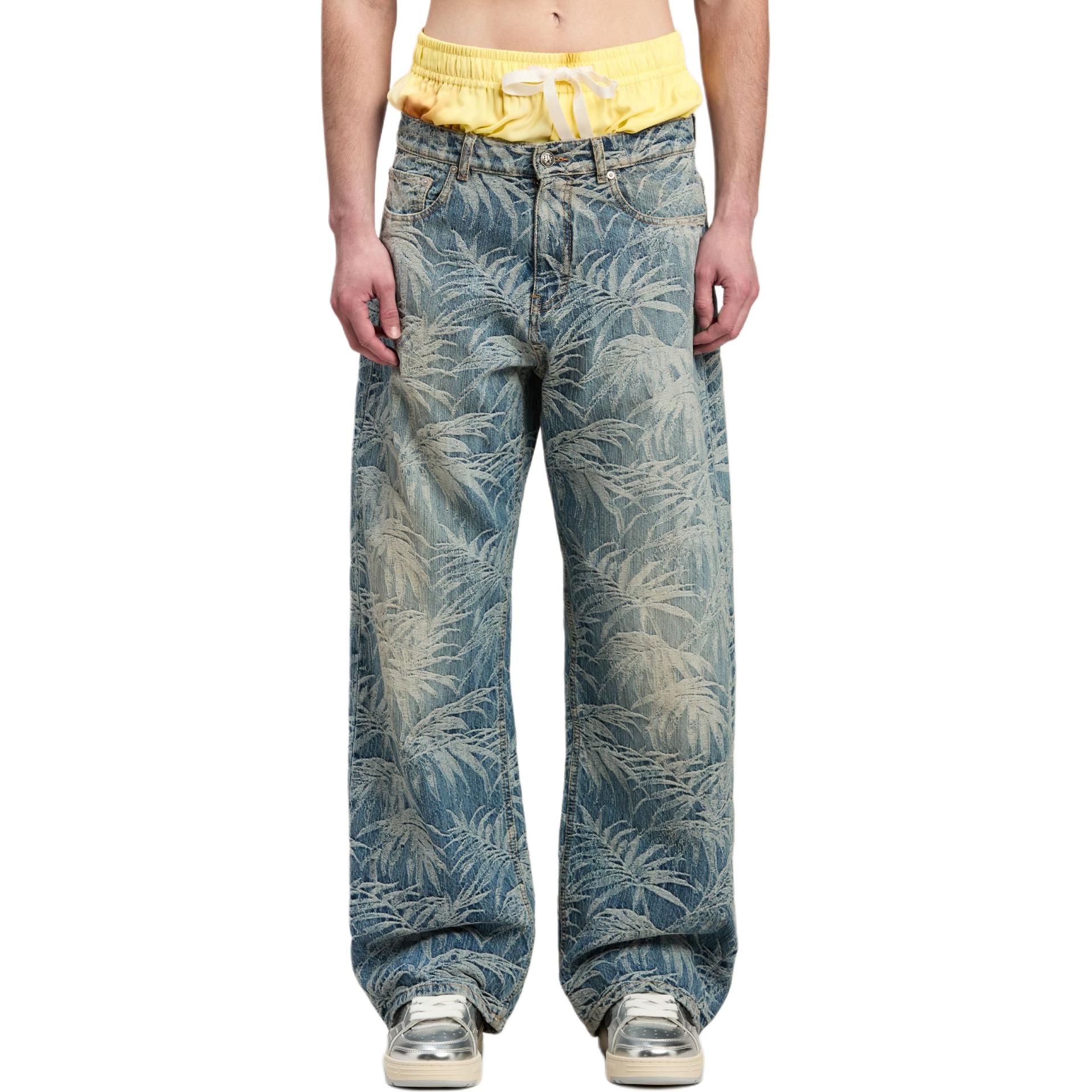 Lookbook Palm Angels Blue Washed Loose Fit Denim Jeans with Zippered Pockets Men PMYA041F24DEN0034903