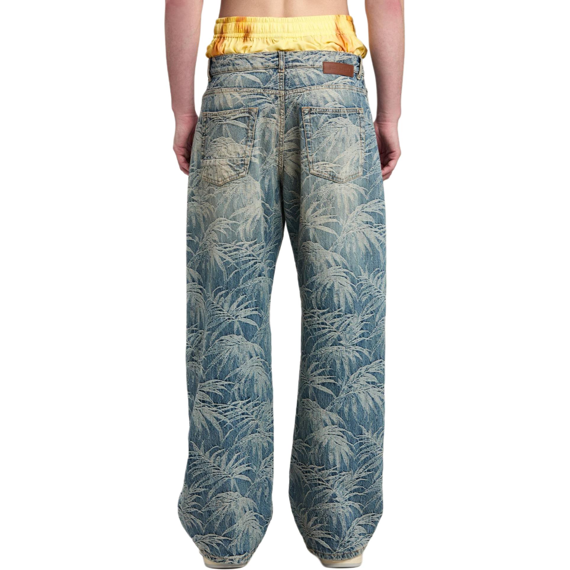 Shop Palm Angels Blue Washed Loose Fit Denim Jeans with Zippered Pockets Men PMYA041F24DEN0034903
