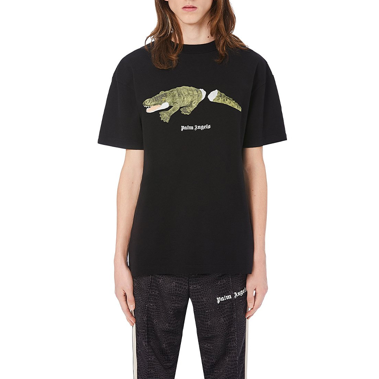 Shop Palm Angels Crocodile Print Crewneck T-Shirt Black PMAA001E20JER0131055