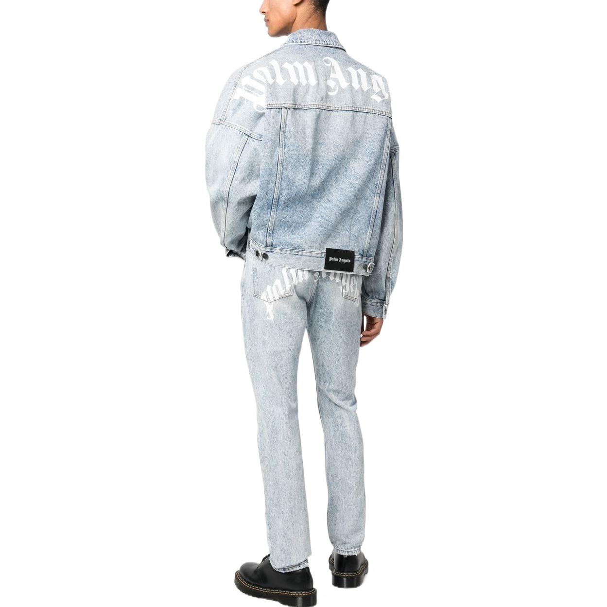 Shop PALM ANGELS Curved Logo Print Denim Jeans for Men. PMYA012C99DEN0024001